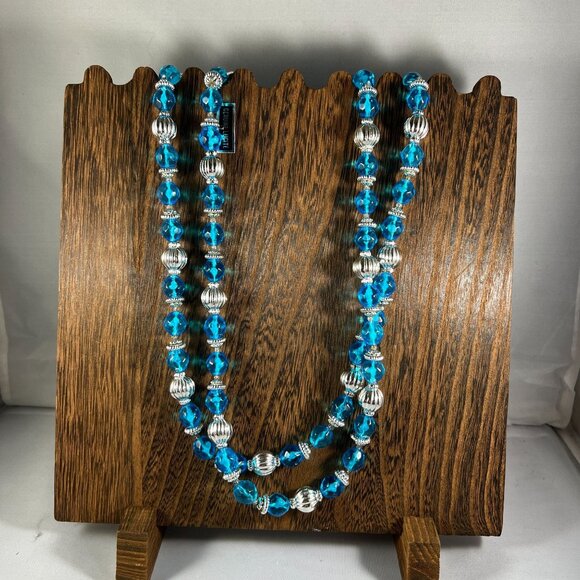 Jewelry - Vintage Genuine Lucite Blue & Silver Beaded Necklace Made In Canada